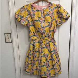 Women’s Floral Puff-Sleeve Midi Dress in Yellow and Pink